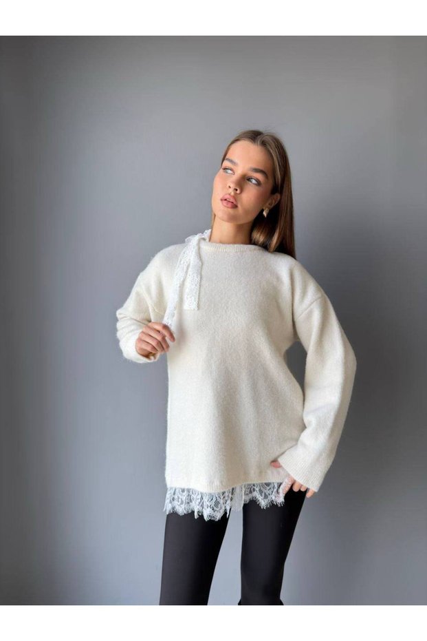 Lace Detailed Round Neck Long Sleeve Knitwear Sweater