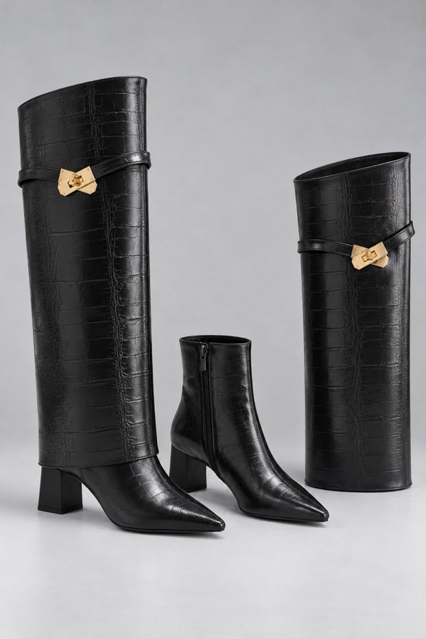 Crovely Women's Boots with Detachable Apparatus, Dust Cover Detail, Gold Buckle, Zipper, Crocodile Pattern