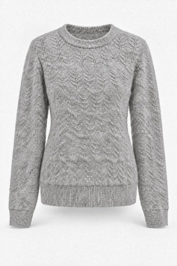 Women's Gray Melange Knitted Patterned Soft Textured Soft Touch Knitwear Sweater
