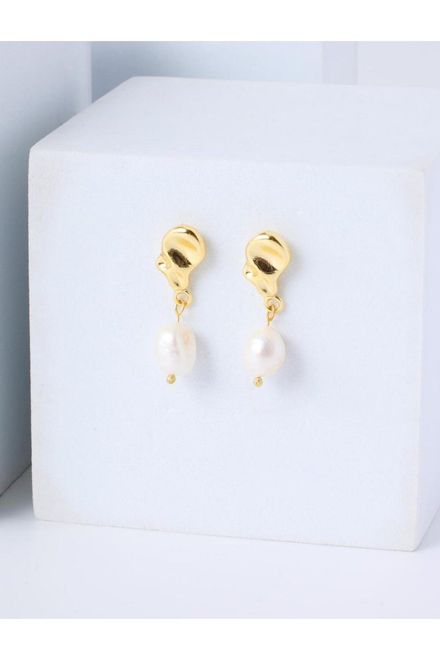 Gold Color Pearl Figured Dangle Modern Earrings