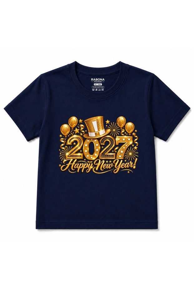 Happy New Year 2027 - Golden Glitter Fireworks, Party Balloons & Celebration Graphic Kids T-Shirt