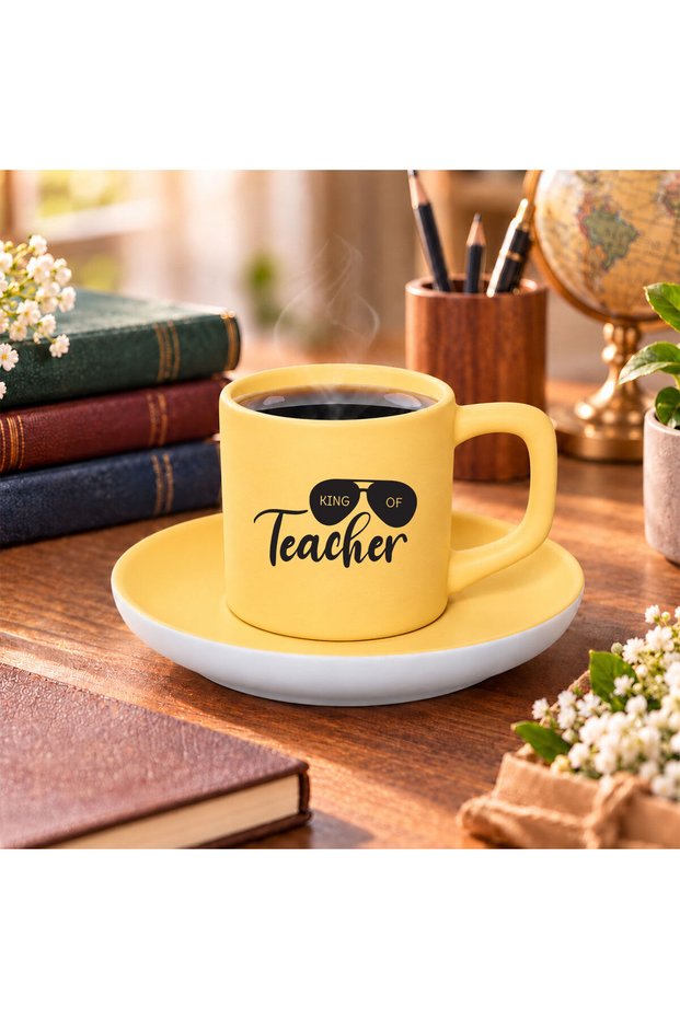 King of Teachers Design Matte Yellow Turkish Coffee Cup and Saucer
