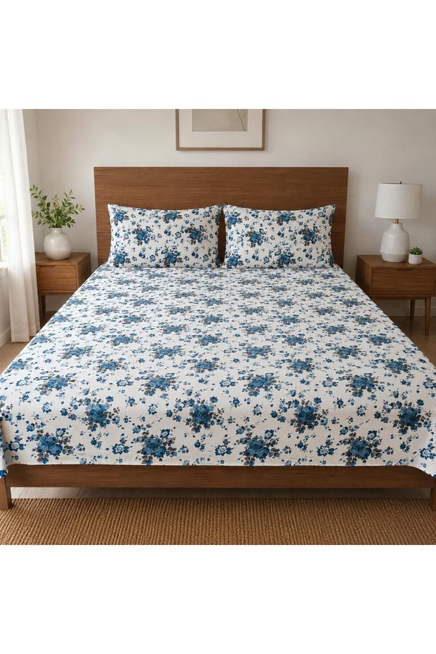 Blue Floral Print Double Bedsheet Set with 2 Pillow Covers