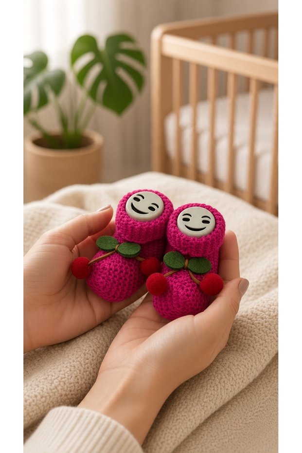 Hand Knitted Smiling Face Cherry Detailed Baby Booties Soft Knitted Home Booties
