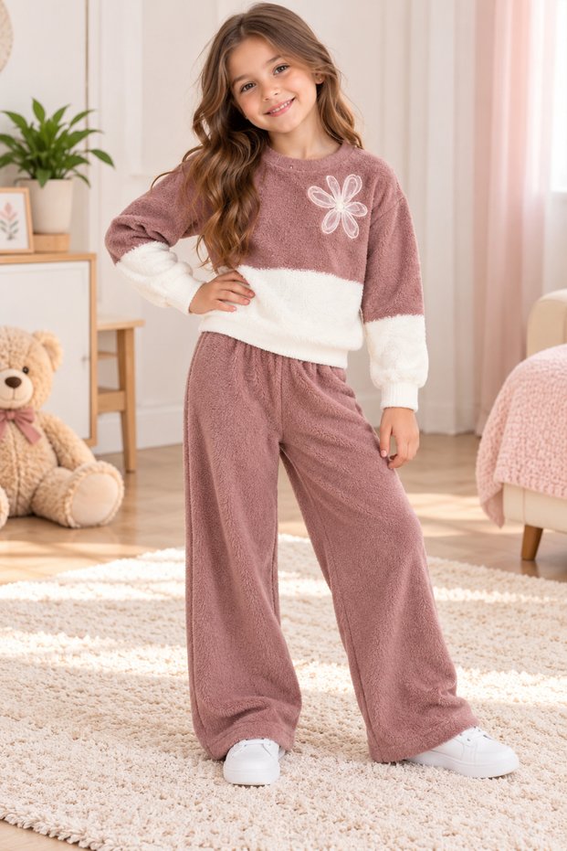 Girl's Powder Plush Floral Detailed Sweatshirt and Wide-Legged Pants 2-Piece Set