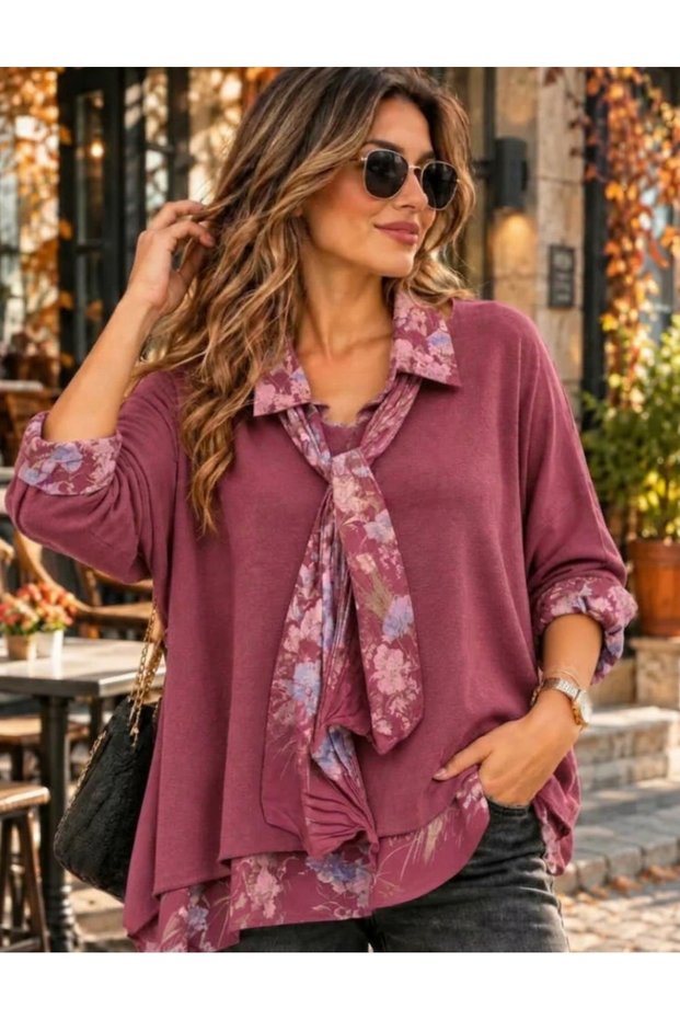Italian Floral Detailed Shawl Knitwear Blouse with Scarf