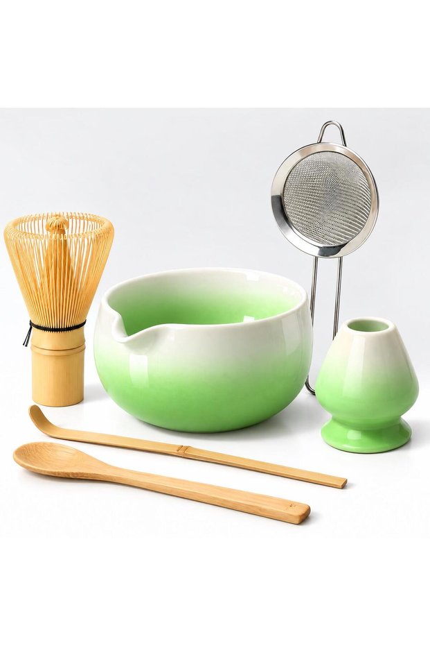 6 Piece Matcha Preparation Set 530 ml Ceramic Bowl Bamboo Whisk Stand and Strainer Green White