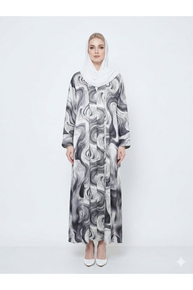 Rizqé Bianco Grey & White Swirl Satin Kimono Abaya Set