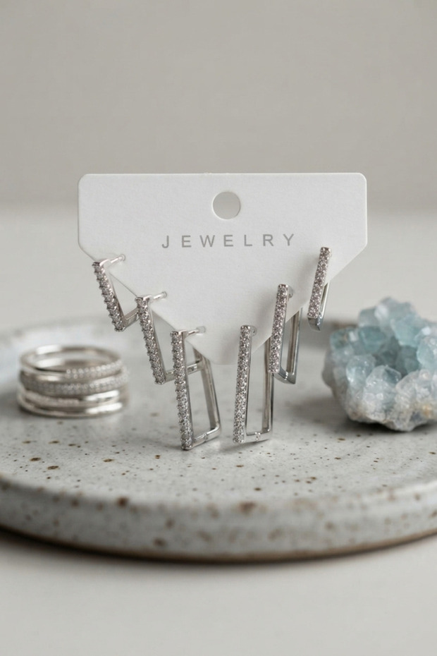 Silver Color Zircon Stone Brass Square Model Women's Earring Set