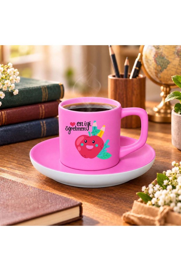 Matte Pink Turkish Coffee Cup and Saucer Designed by Best Teacher-2