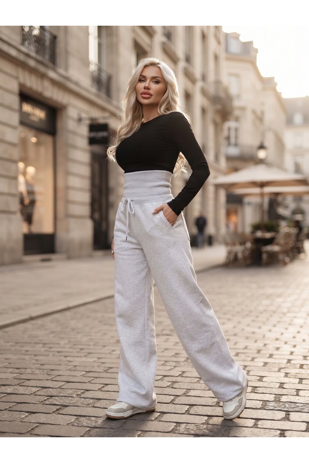 Foldable Detailed 3-Thread Wide Leg Relaxed Fit Sweatpants