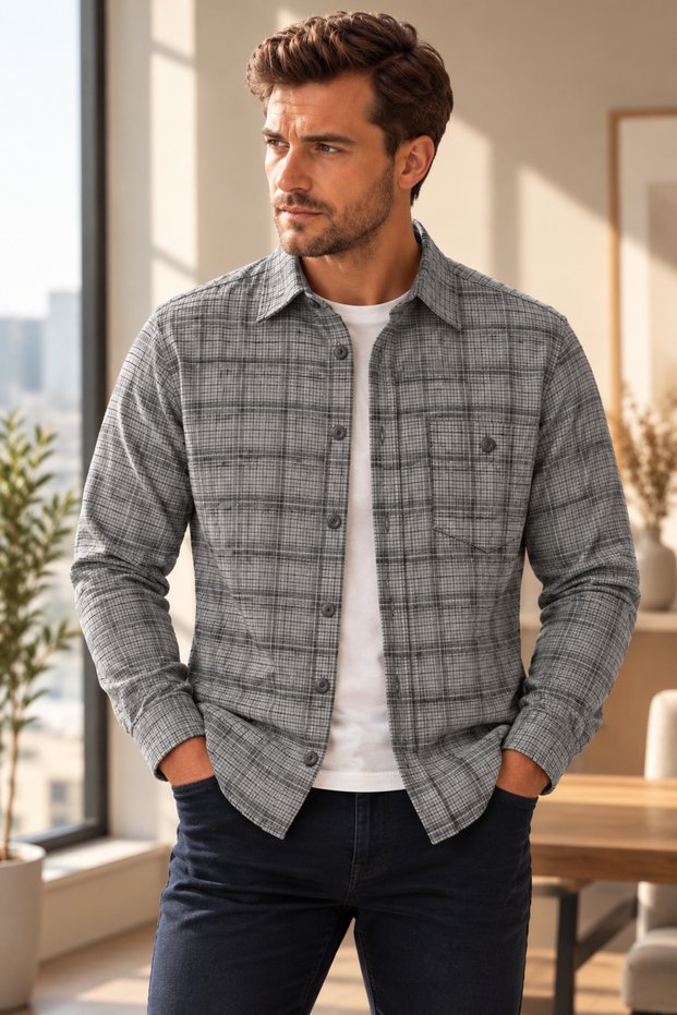 Men's Winter Plaid Flannel Shirt 100% Cotton Long Sleeve Single Pocket Comfortable Fit