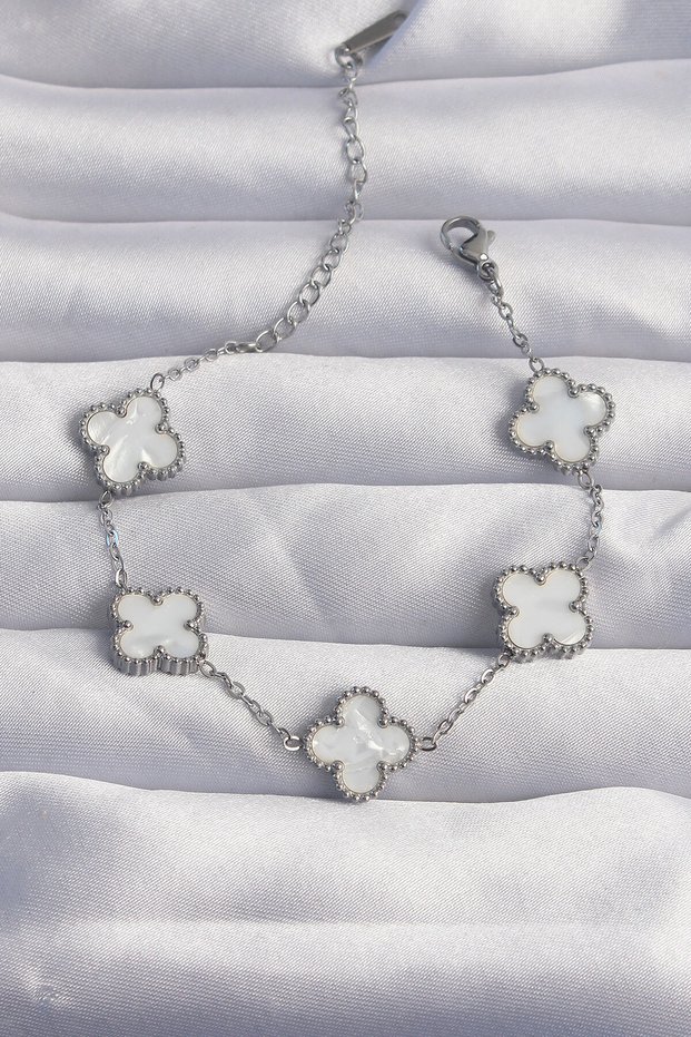 316L Steel Silver Color White Pearlescent Clover Bracelet