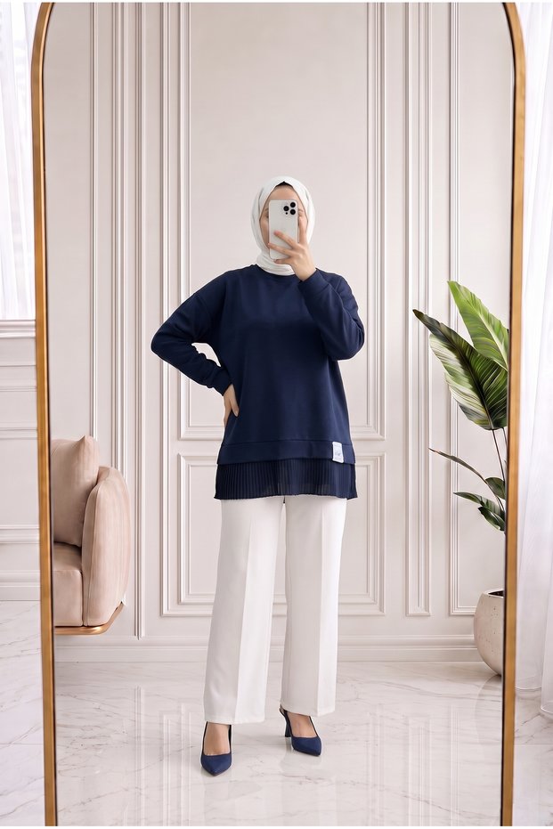تنورة كانسيمال مطوية-ZN4591 باللون الأزرق الداكن