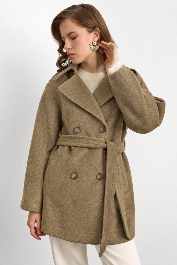Apolet Detailed Oversize Short Coat Vison Melanj 3149