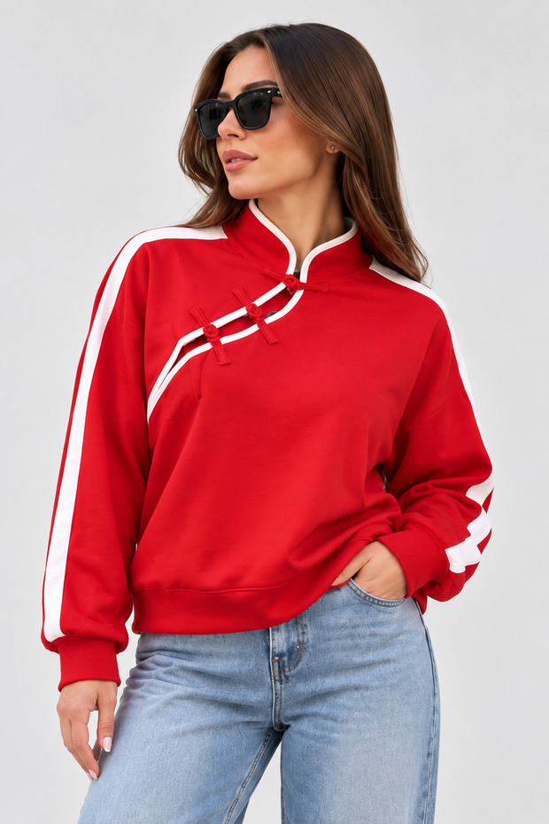 Women's High Collar Shoulder Stripe Cross Tie Sweatshirt Cty-Çtn-4023