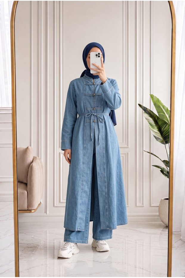 Baharbanu Tunic Long Trousers Denim Set-Ml1027 Blue