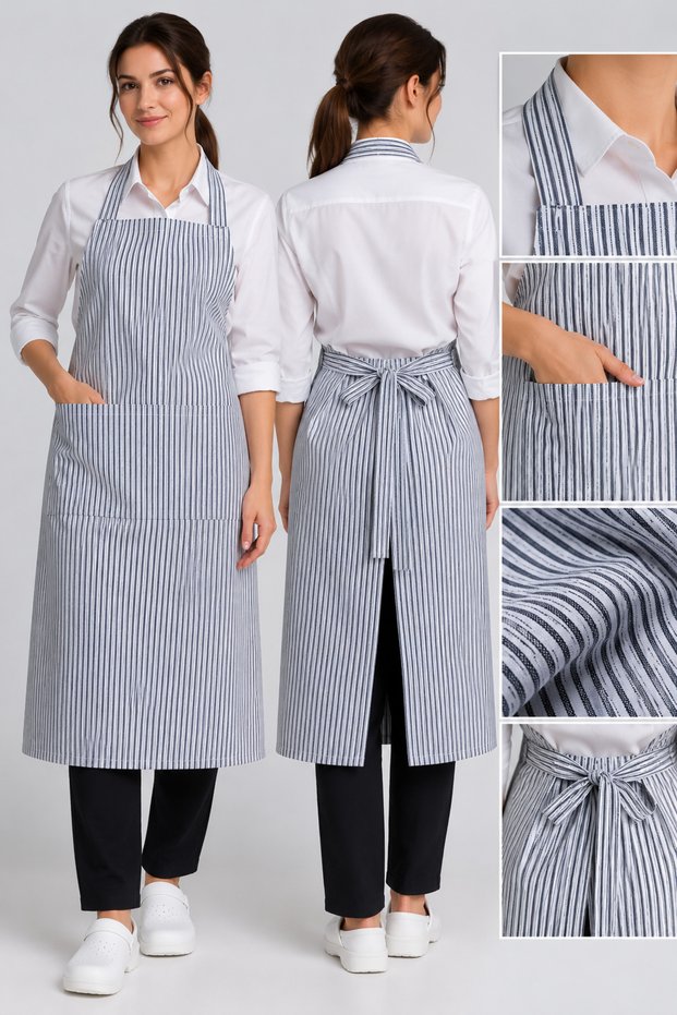 Yarn-Dyed Polyviscose Fabric Striped Kitchen, Chef, and Waiter Apron – Long Length, with Pockets, Neck Loop, and Waist Tie