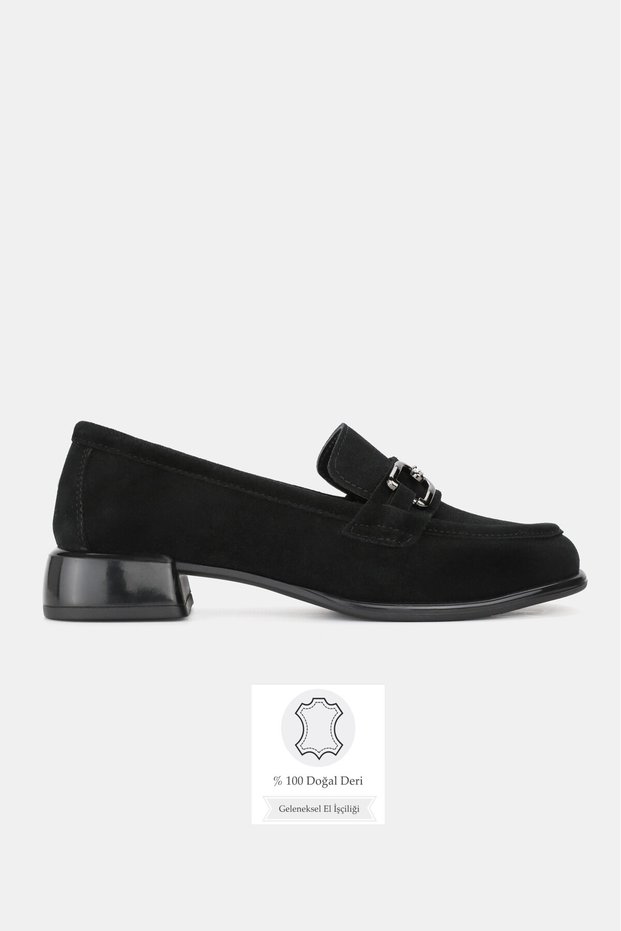Women's Black Suede Genuine Leather 36-41 Size Loafer Shoes with Stone Buckle