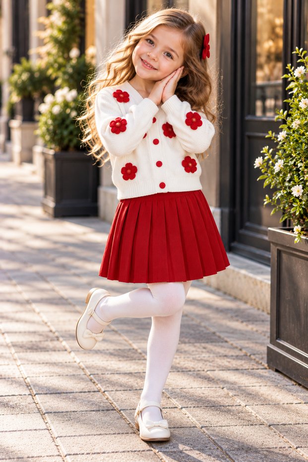 Girl's Suit with Skirt and Cardigan, Floral Embroidered Long Sleeve Patterned Skirt with Trim Detail Krmzi. New