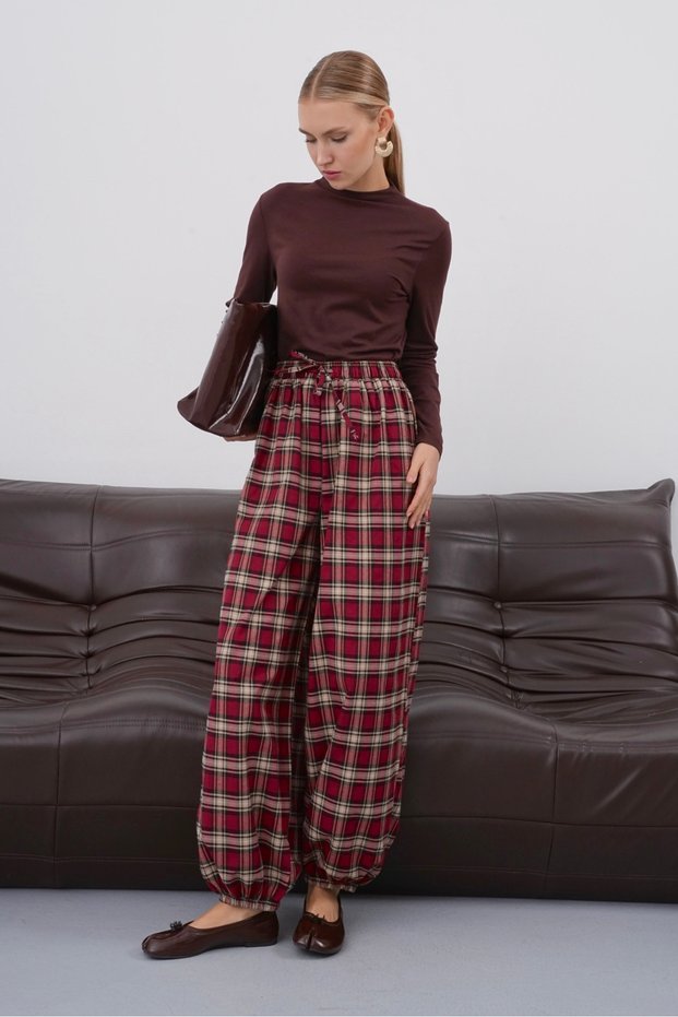 Plaid Patterned Comfortable Fit Pants with Elasticated Legs