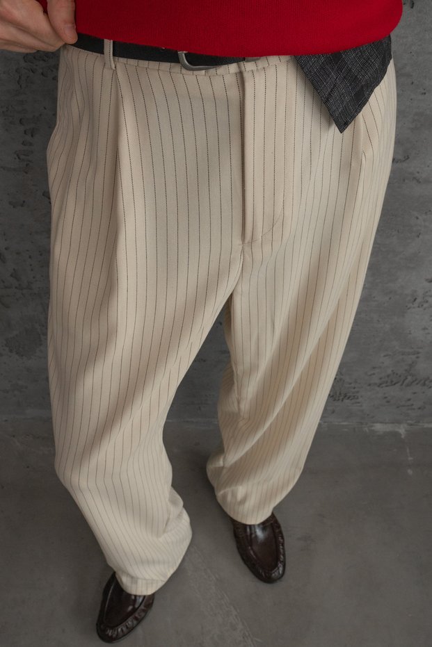 Men's Pleated Extra Baggy Fit Striped Fabric Trousers