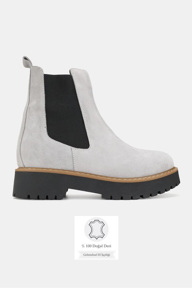 Women's Gray Nubuck Genuine Natural Leather Thick Heel Elastic Boots & Booties, Size 36-41