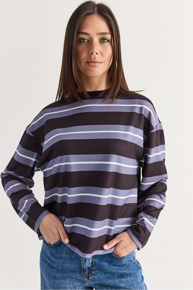 Women's Lilac Striped Crew Neck Oversized Long Sleeve Modal Sweatshirt 927-4 60286764