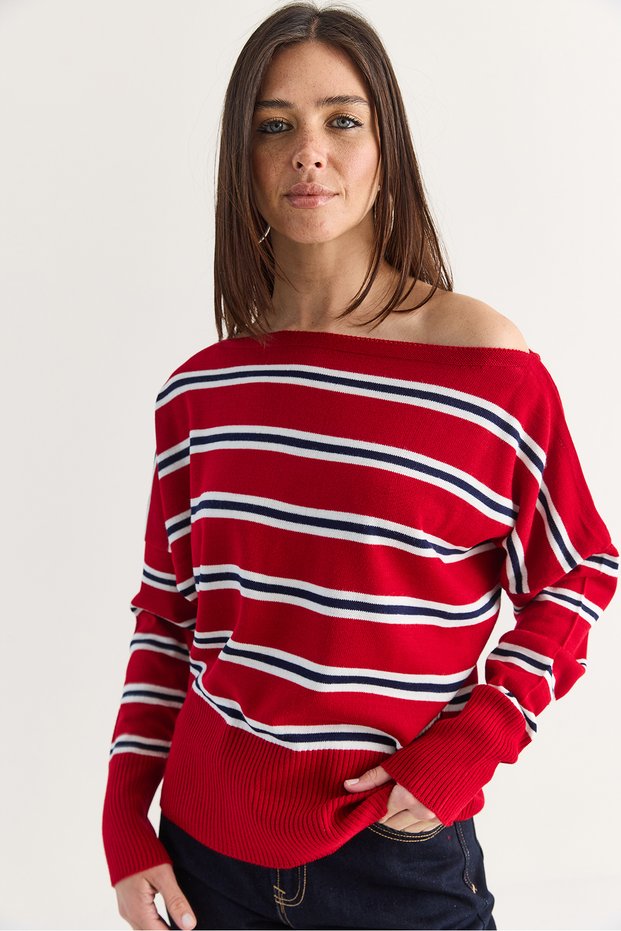 Women's Red Striped Boat Neck Off-Shoulder Oversized Knit Sweater 60286767
