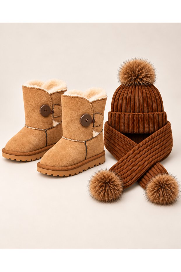 Taba Tek Pompon Scarf, Beret and Fur-Lined Boots Suede Boots (with Dense Fur Inside, Go up One Size)