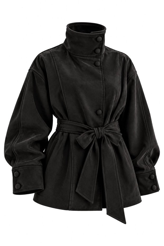 Women's Suede Jacket High Collar Belted Balloon Sleeve Covered Buttons Stitching Detail Trench Coat Jacket Suitable for Hijab Wear