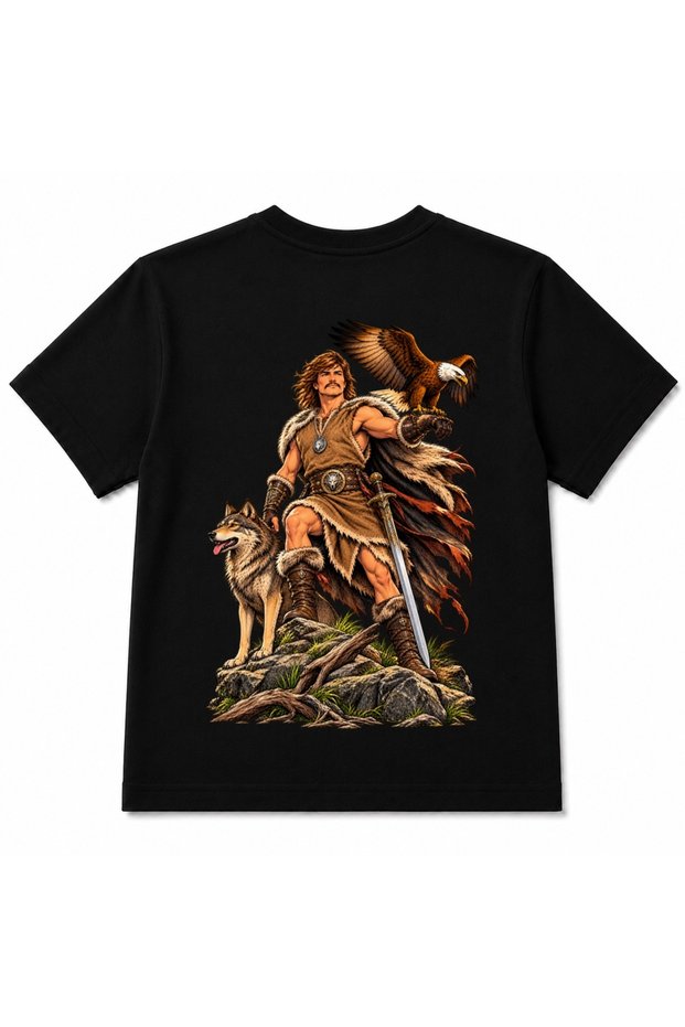 Graphic Kids T-Shirt with Wolf, Eagle and Warrior Figures