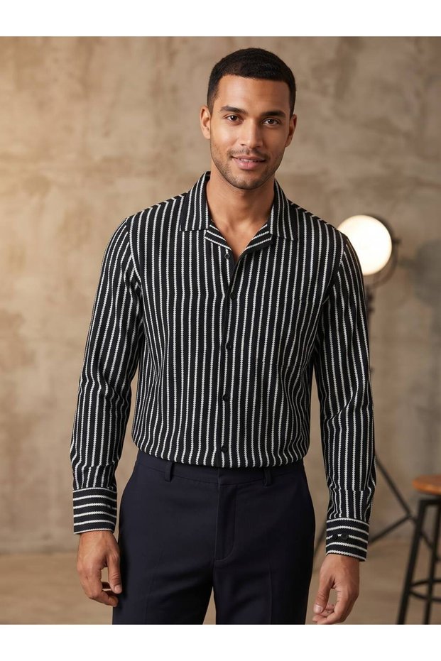 Men's Long Sleeve 100% Cotton Blend Regular Fit Dobby Lapel Striped Shirt
