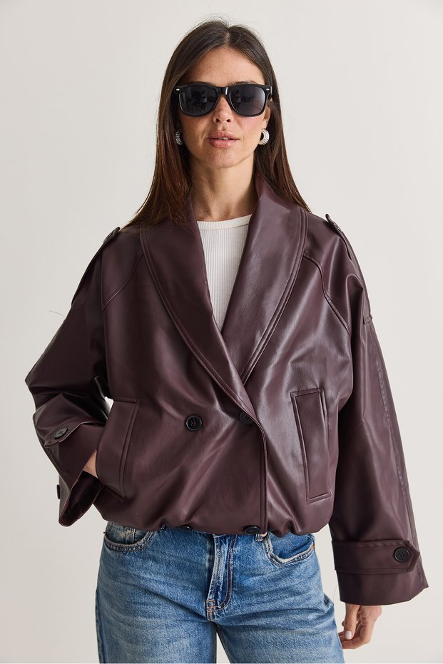 Women's Burgundy Wide Shawl Collar Faux Leather Jacket with Pocket Detail, Elasticated Waist, Bomber Cut, and Lining 1147 60286763