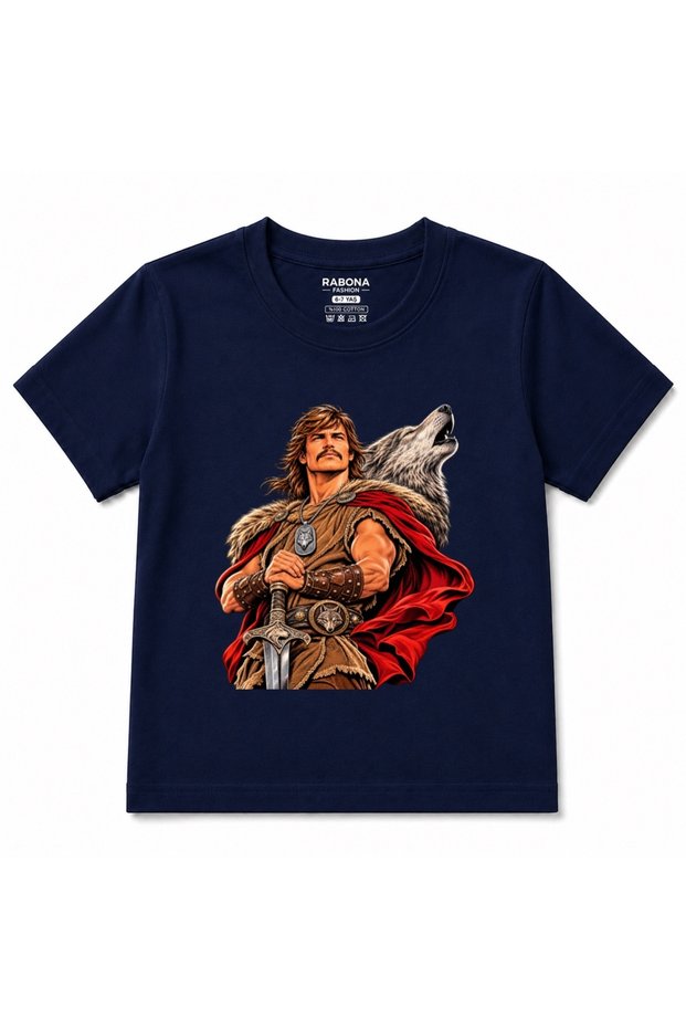 Graphic Kids T-Shirt with Wolf, Eagle and Warrior Figures