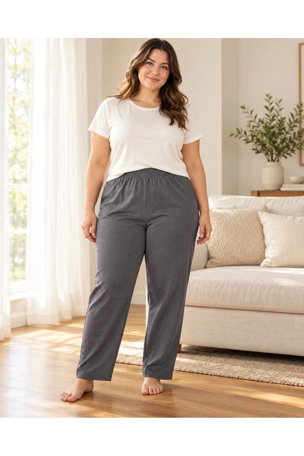 Ribbed King Size Stretchy Camisole Seasonal Pajama Bottoms - Smoked