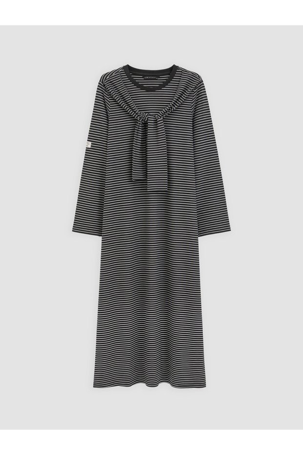 Lcw Modest Black Striped Dress with Tie Detail