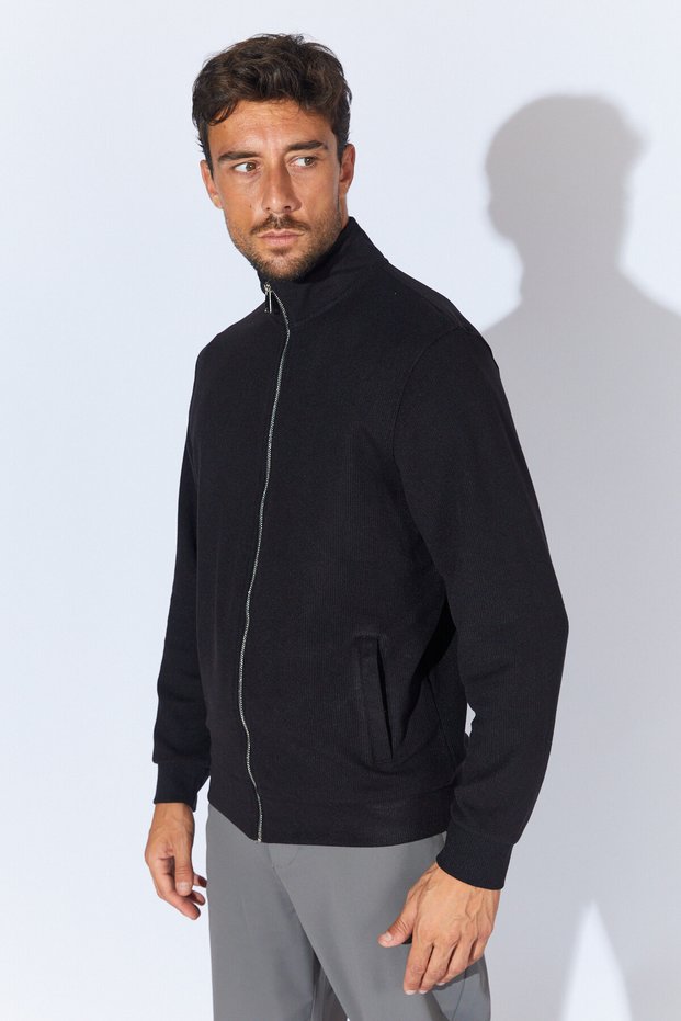 Ribbed Turtleneck Cardigan with Zipper Pockets - Black | Ee100224994