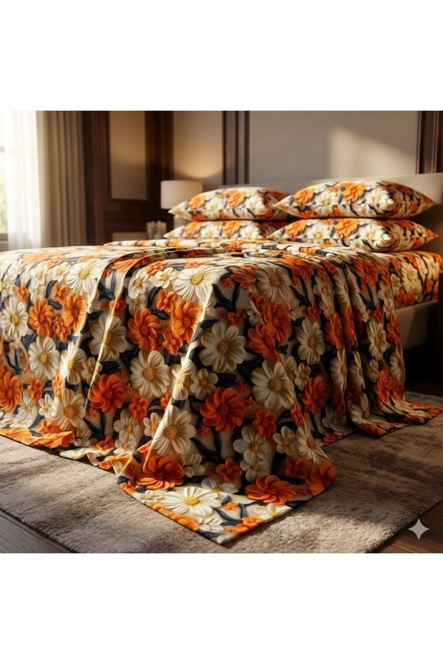 Luxury King Size Bedding Set 3-Piece | Digital Floral Bedsheet | Wrinkle-Free & Easy Care and 1 Flat Bedsheet & 2 Pillow Covers. King (U.K. Standard)) (Orange Floral, King (U.K. Standard))