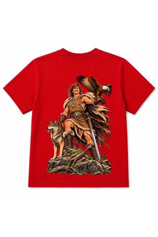 Graphic Kids T-Shirt with Wolf, Eagle and Warrior Figures
