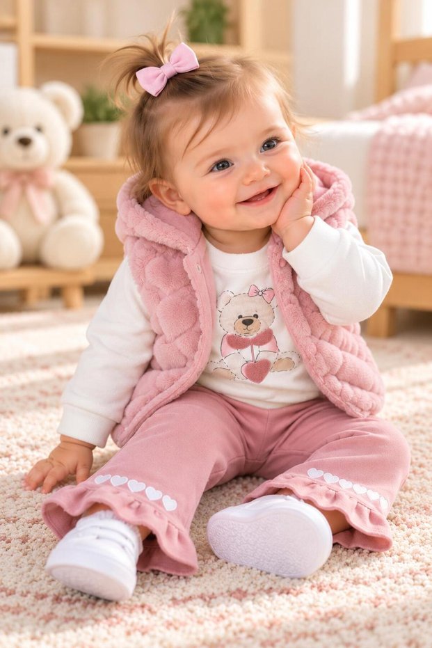 Baby Girl Hooded Plush Vest 3-Piece Set Teddy Bear Printed Sweatshirt Ruffle Pants and Vest