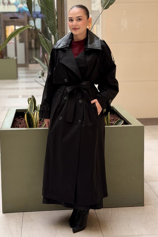 Kahma Detachable Leather Collar Detailed Epaulet Lined Trench Coat