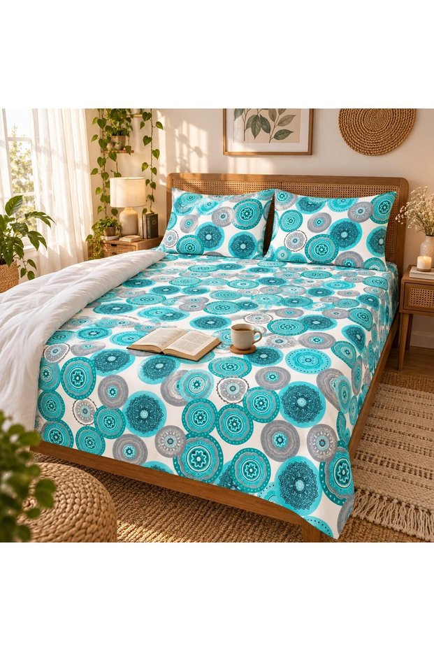 King Size Flat Bedsheet Set, 3 Pieces, 260 x 240 cm (Turquoise Blue)