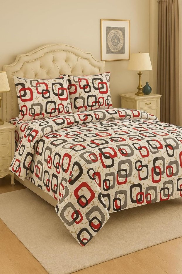 3 Pieces Flat Bedsheet Set with Floral Pattern King Size Bed Pillow Cover Set with 1 Bedsheet, 2 Pillow. Bedding Set (Red, King (U.K. Standard))
