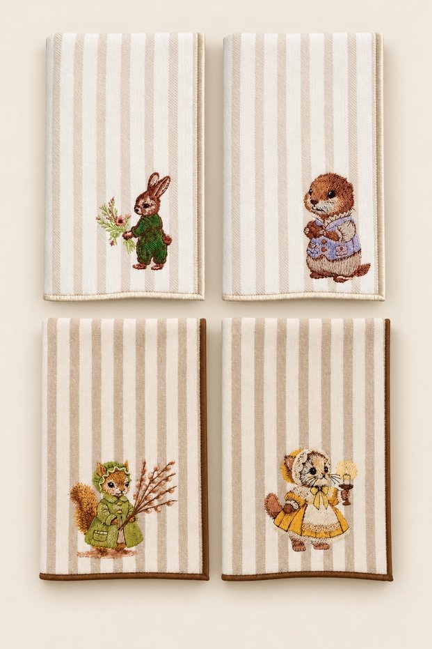 Vintage Embroidered Decorative Hand Towel Set of Four – 100% Cotton, Striped Linen Texture (30×45)