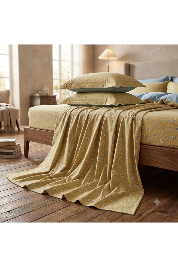 3 Pieces Flat Bedsheet Set with Floral Pattern King Size Bed Pillow Cover Set with 1 Bedsheet, 2 Pillow. Bedding Set (Mustard Blue, King (U.K. Standard))