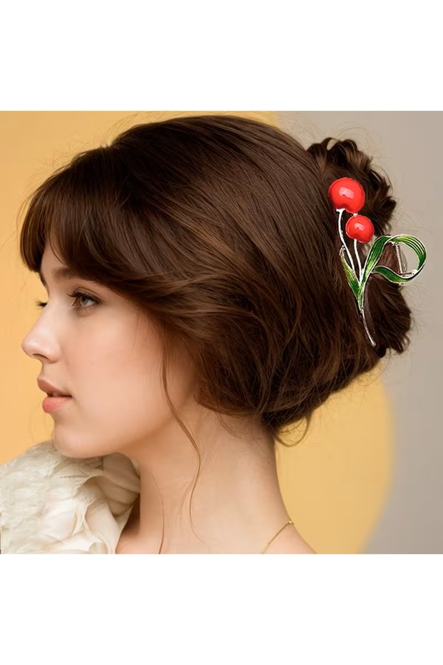 Cherry Figured Metal Hairpin - Luxury Claw Hair Clip with Golden Yellow Enamel Leaves