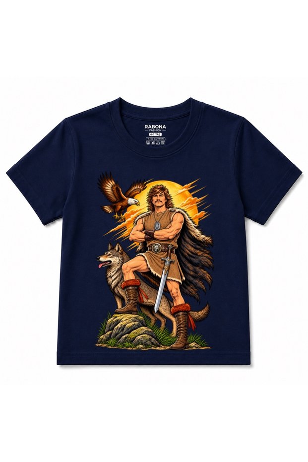 Son of Altarın Tarkan – Warrior, Wolf and Eagle Child with Sun Background T-Shirt