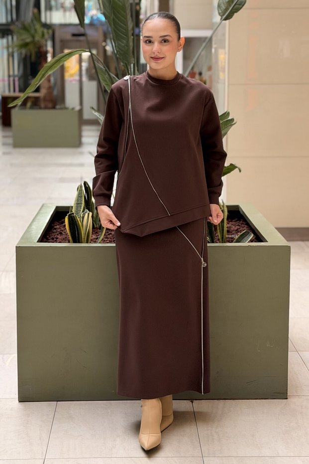 Luna Skirt Set with Cross Zipper Detail on Blouse and Skirt