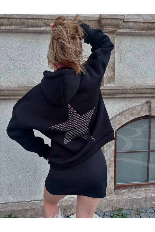 Stone Embellished Star Detailed Streetwear Hoodie / Y2K Back Detail Hoodie